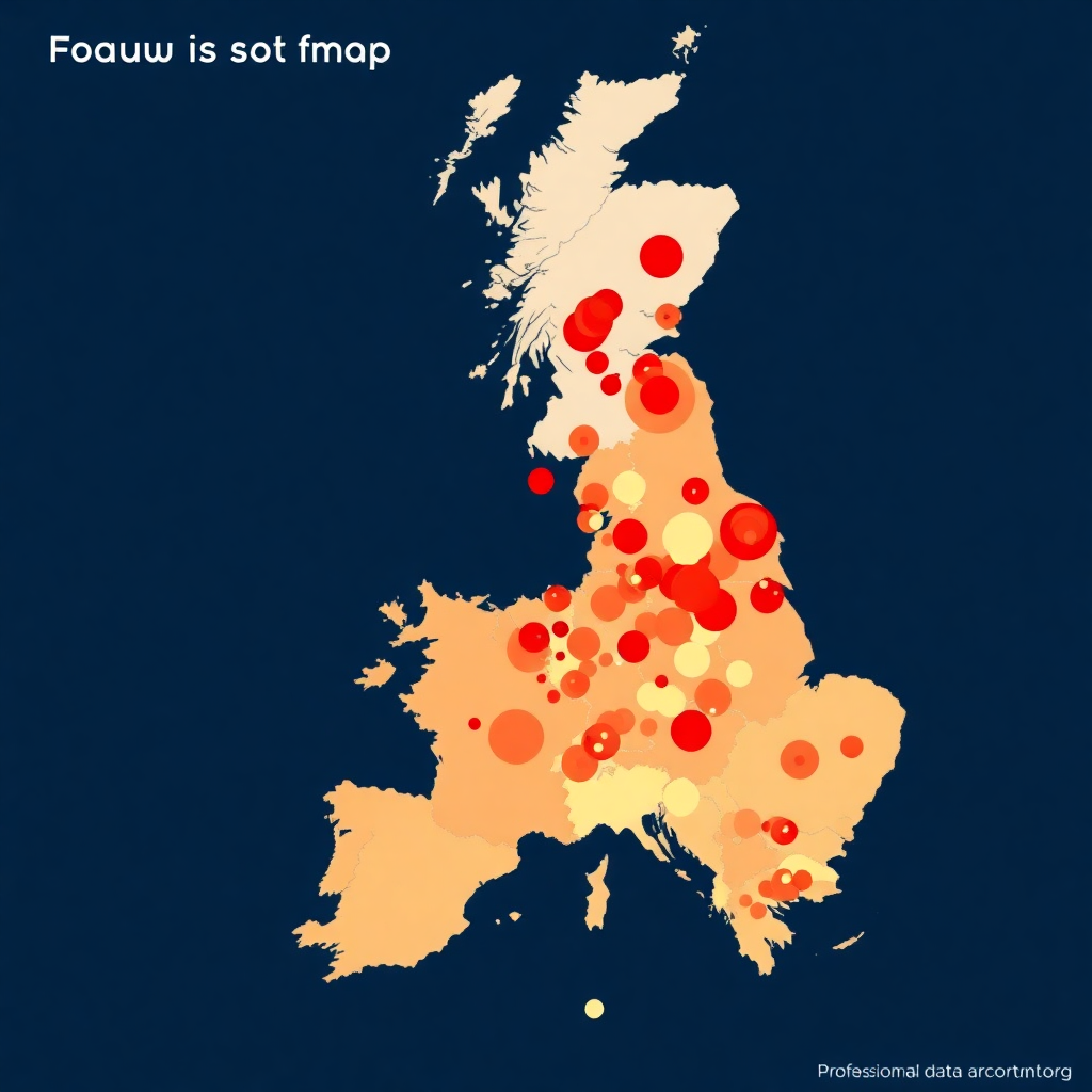 UK map with heatmap visualization showing fraud hotspots, professional data visualization
